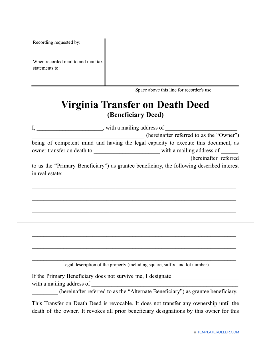 Virginia Transfer On Death Deed Form Fill Out Sign Online And Download PDF Templateroller