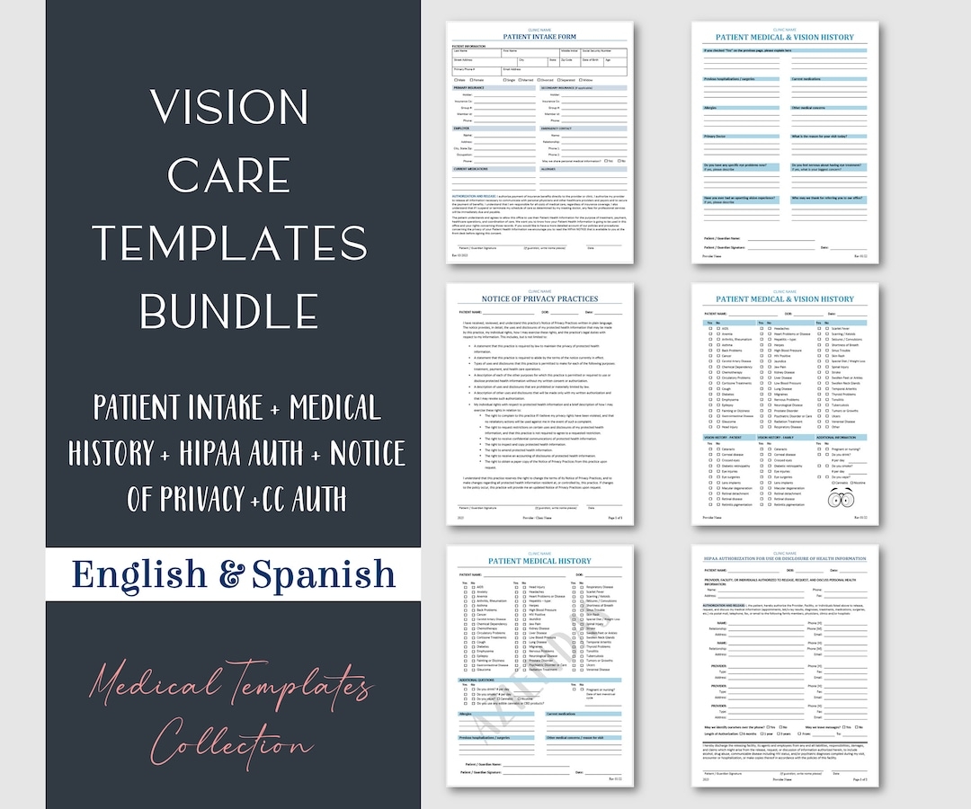 Vision Care Patient Intake Templates Bundle Medical History HIPAA Optometry Ophthalmology Eye Care Editable Word PDF 8 5x11 Etsy