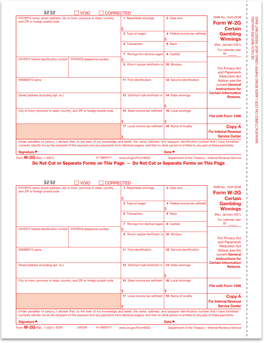 W2G Forms For Gambling Winnings Red Copy A DiscountTaxForms