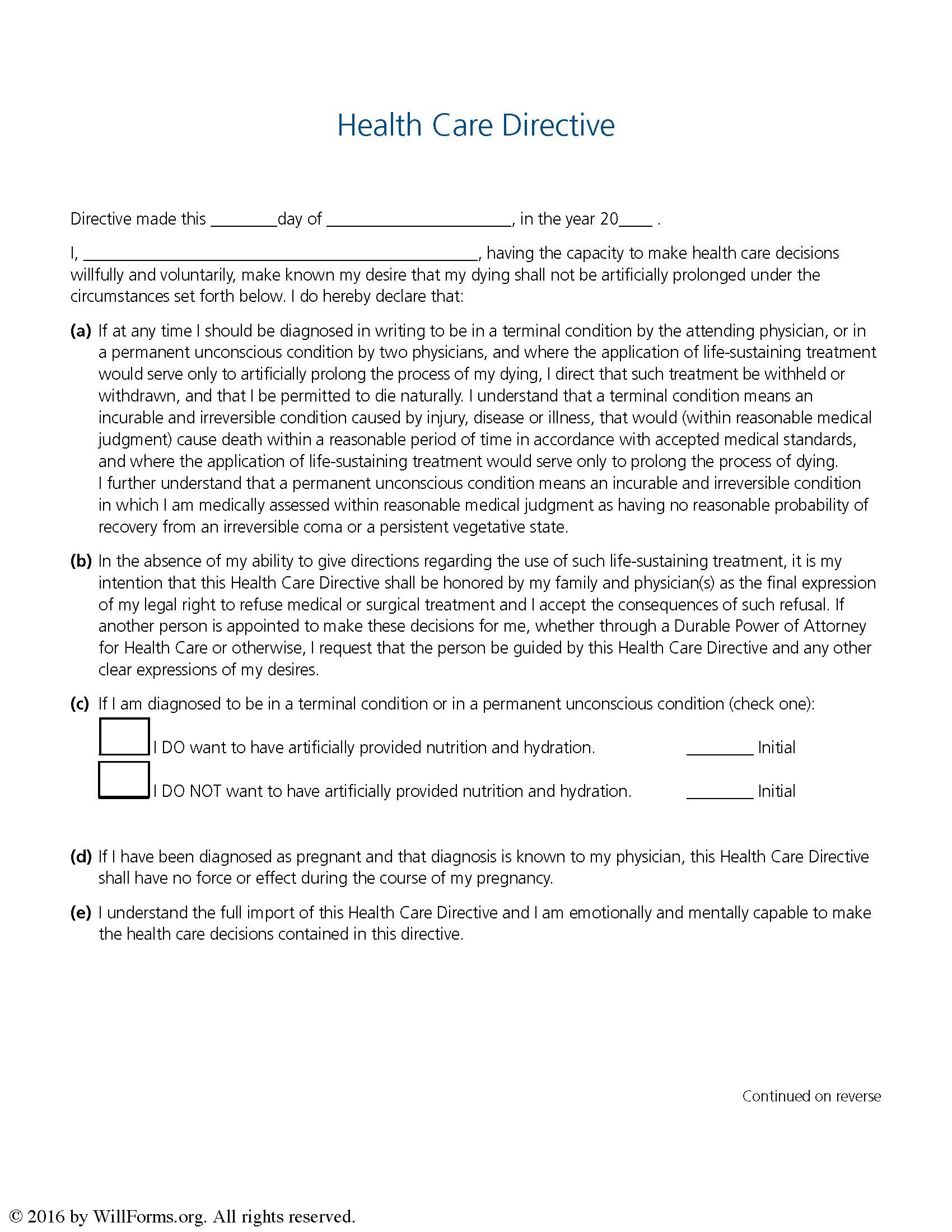 Washington Advance Health Care Directive Living Will Form Will Forms Will Forms