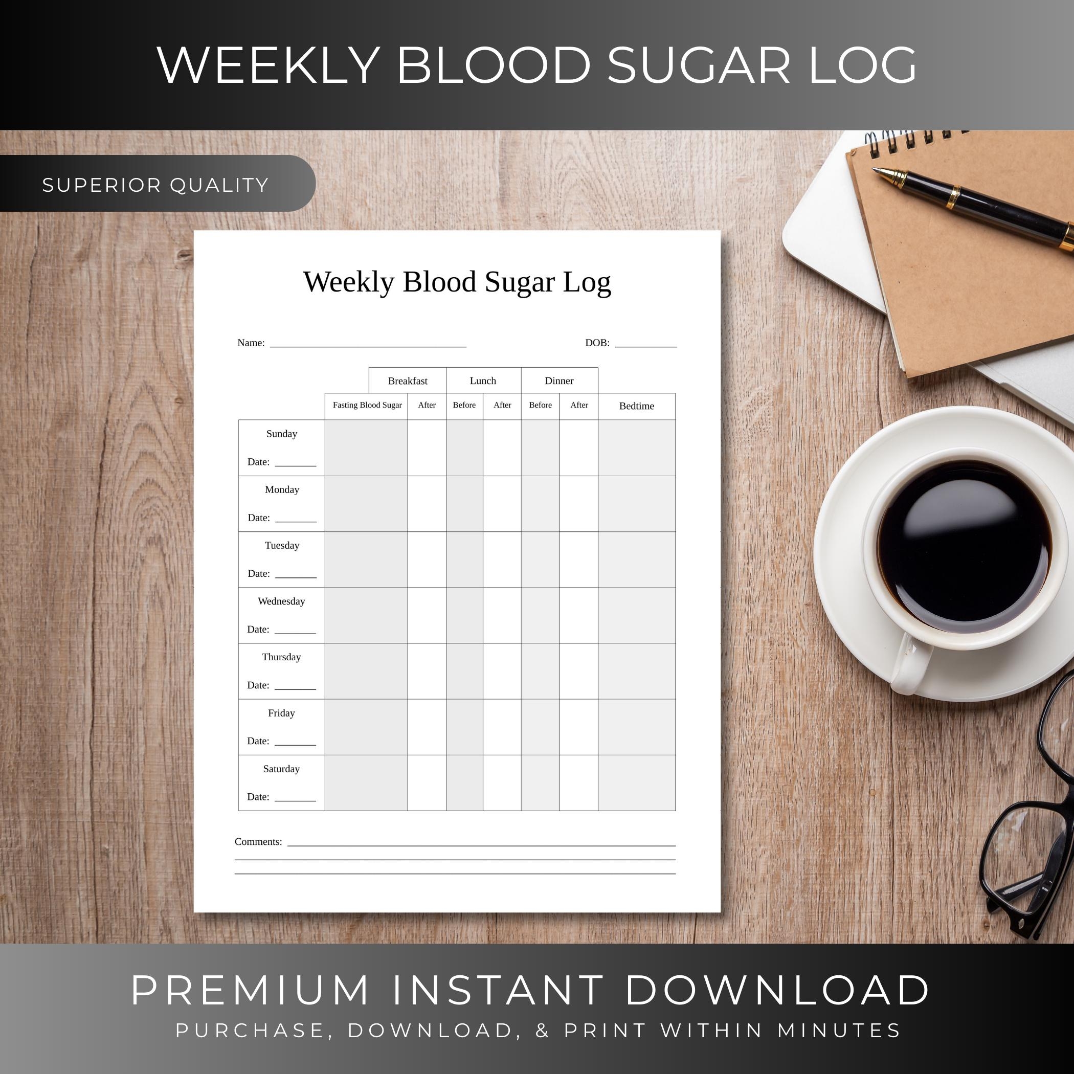 Weekly Blood Sugar Log Medical Forms Glucose Log Diabetic 