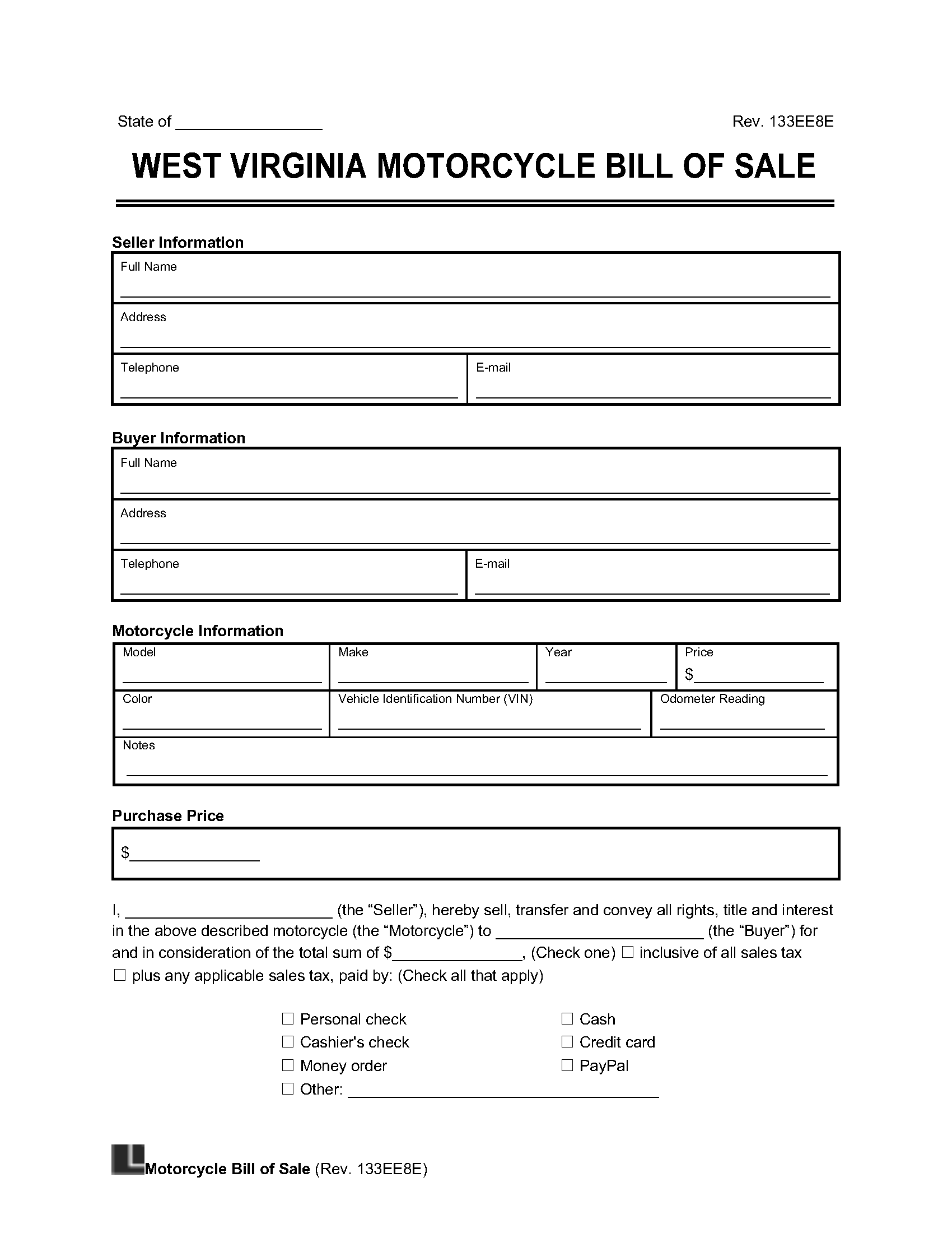 West Virginia Motorcycle Bill Of Sale Legal Templates