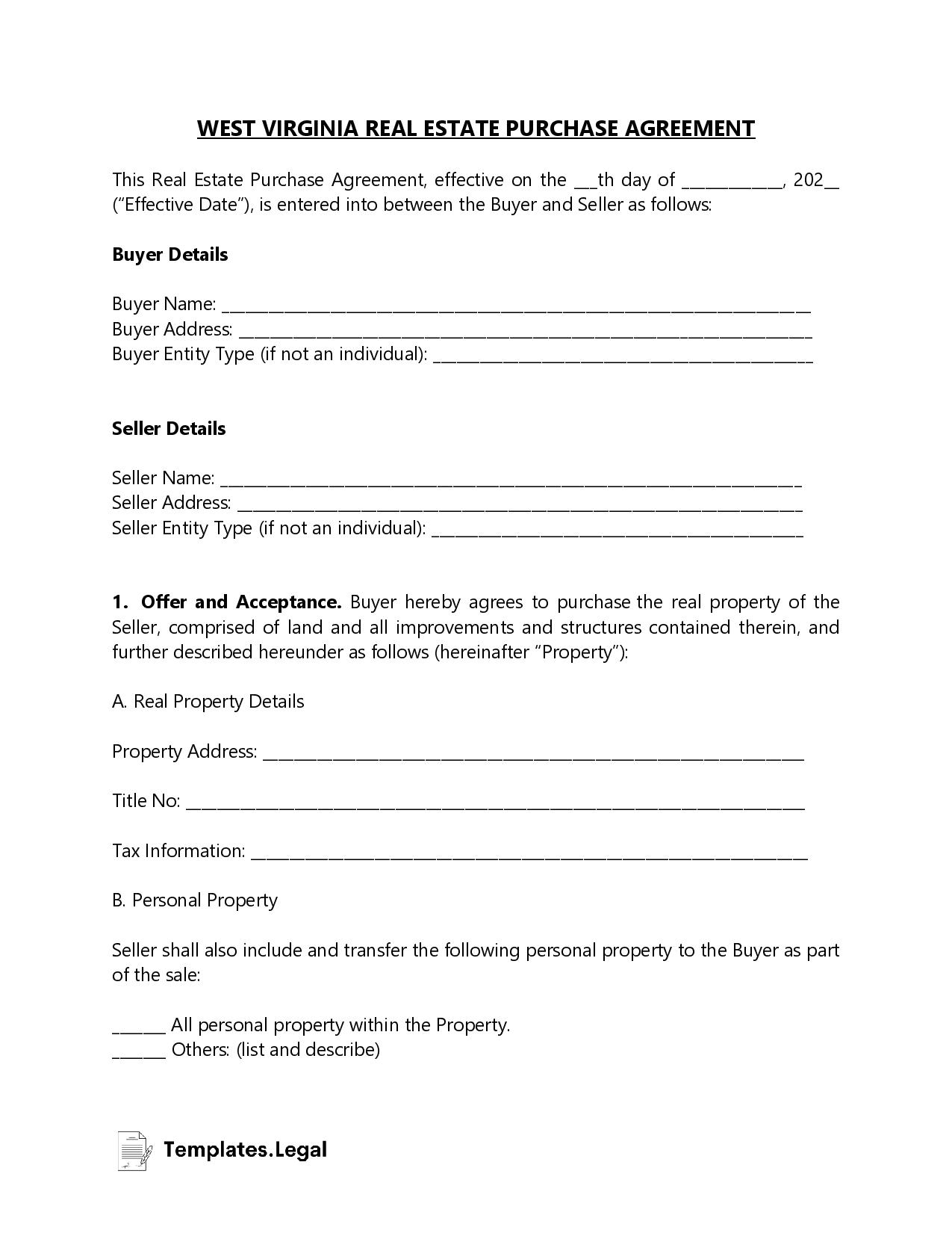 West Virginia Purchase Agreement Templates Free Word PDF ODT 