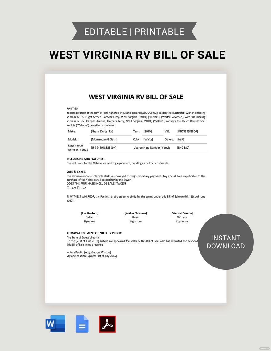 West Virginia RV Bill Of Sale Template In Google Docs Word PDF 