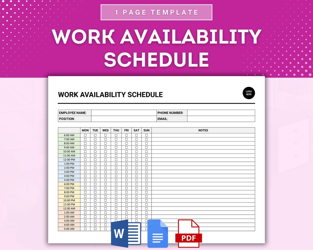Work Availability Schedule Sheet Work Availability Tracker Shift 