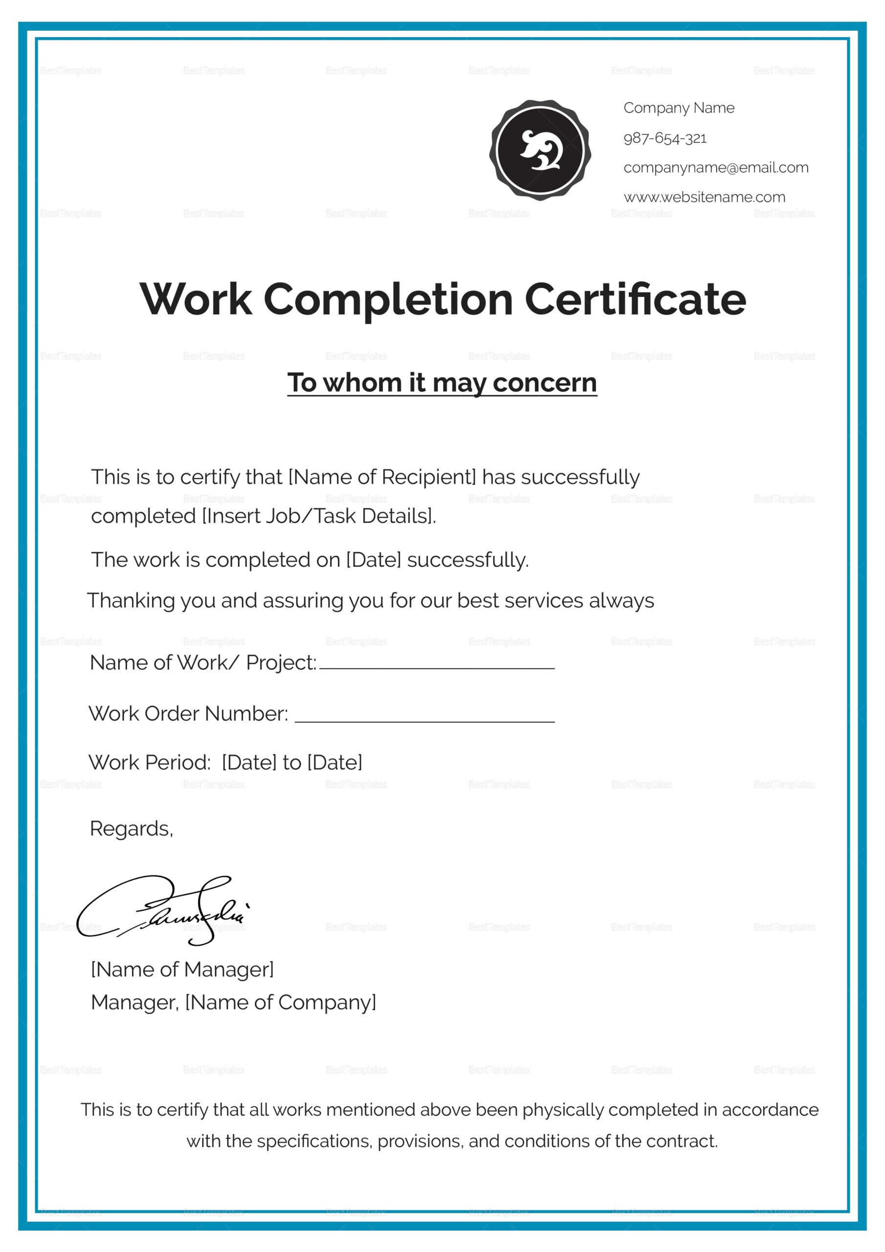 Work Completion Certificate Design Template In PSD Word